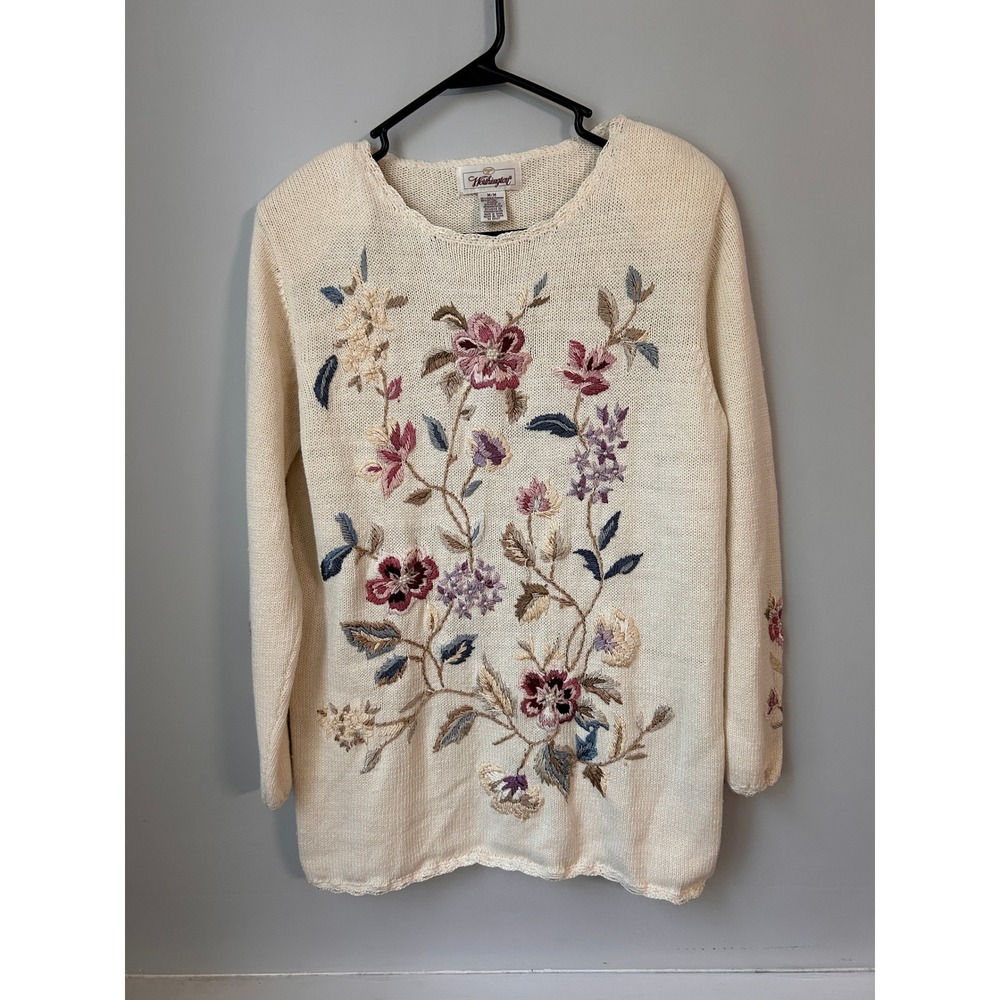 Worthington Vintage Floral Embroidered Pearl Knit Sweater Ivory Cream Womens M